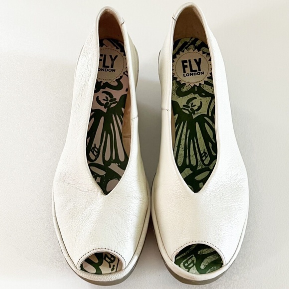 Fly London Peep Toe Wedge White Leather Slip On Shoes EU 37 / US 6.5-7 So Comfy! - Picture 3 of 12